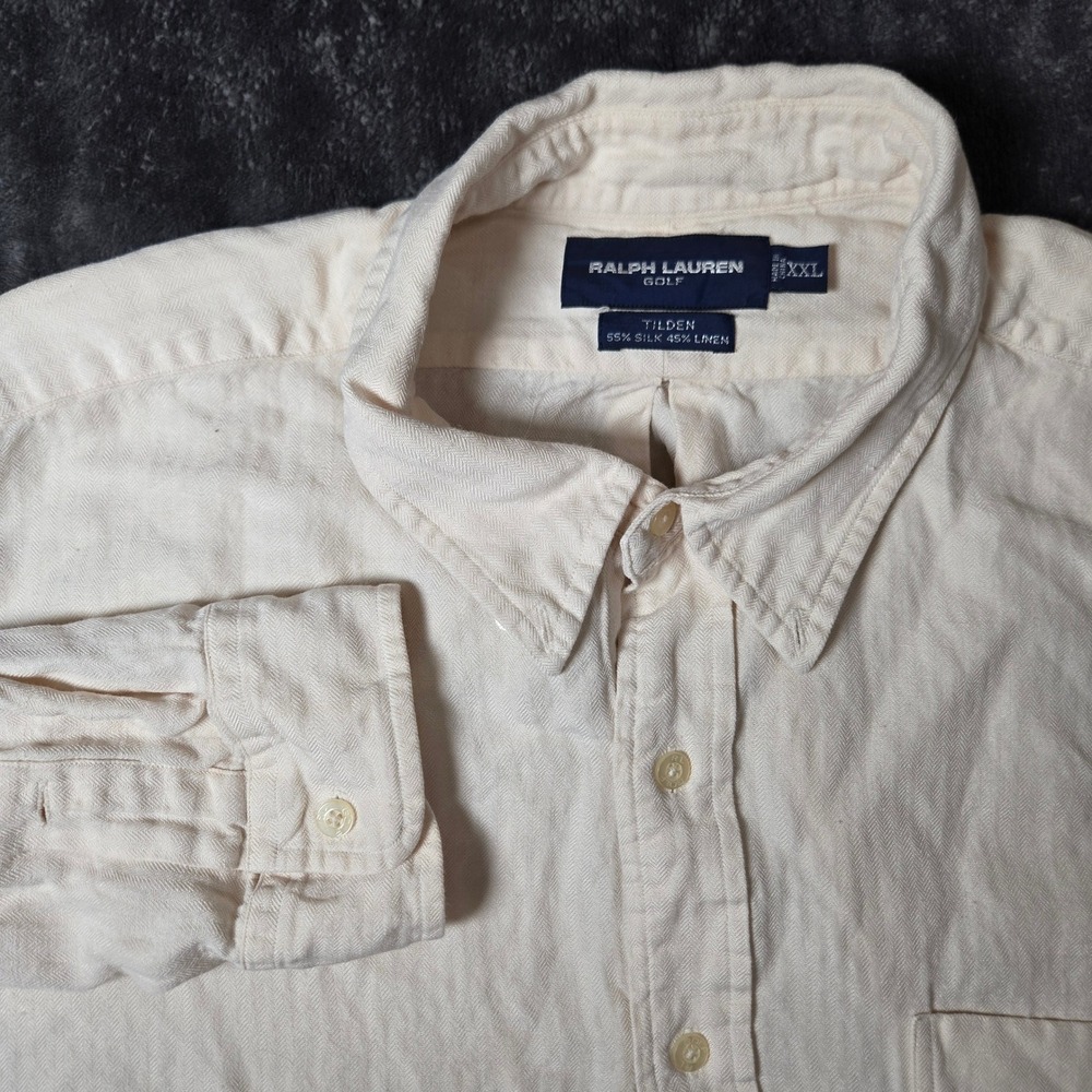 Ralph Lauren Golf Tilden Shirt XXL Cream Silk Linen Button Down Mens